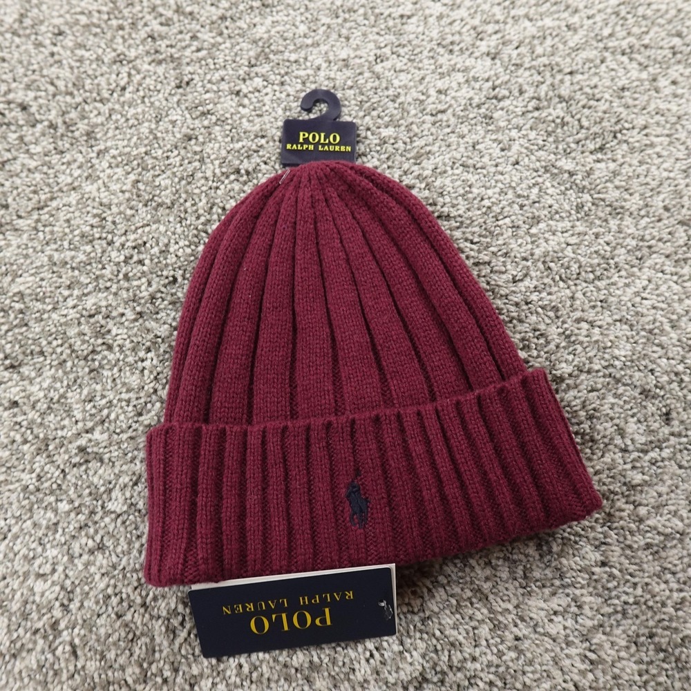 NEW Polo Ralph Lauren Beanie Hat Cap One Size Red Wool Rib Knit Mens Pony Logo